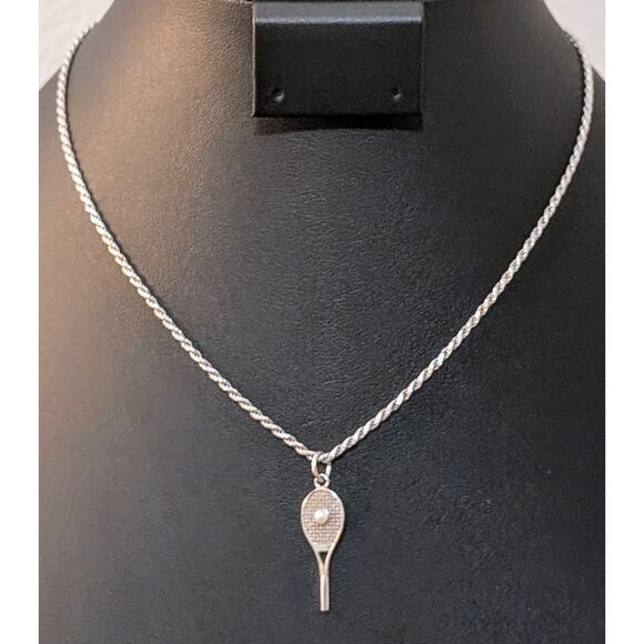 VTG RQC Sterling Tennis Racket Faux Pearl Charm 925 Sterling Rope Chain Necklace - Picture 1 of 8